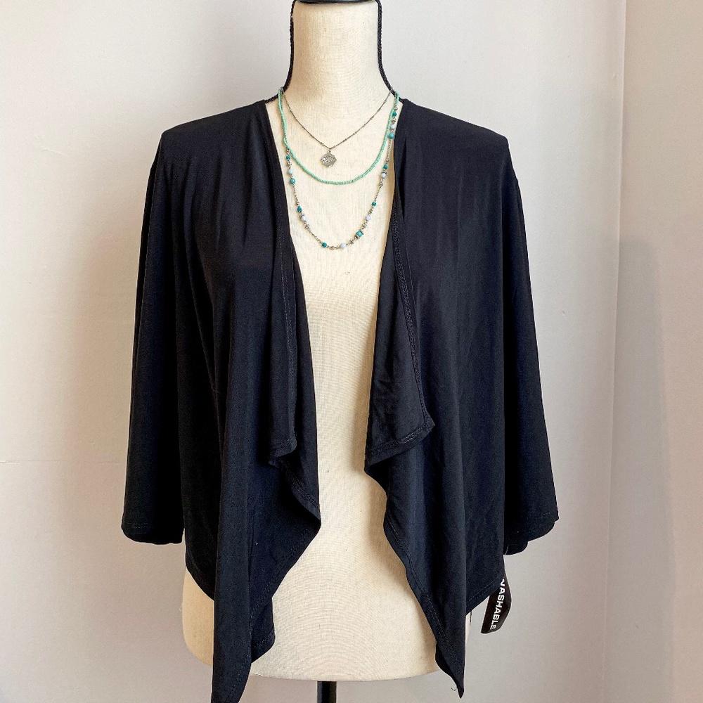 Women's Black Draped,Open Jacket with Sheer Back Panels and 3/4 Sleeves